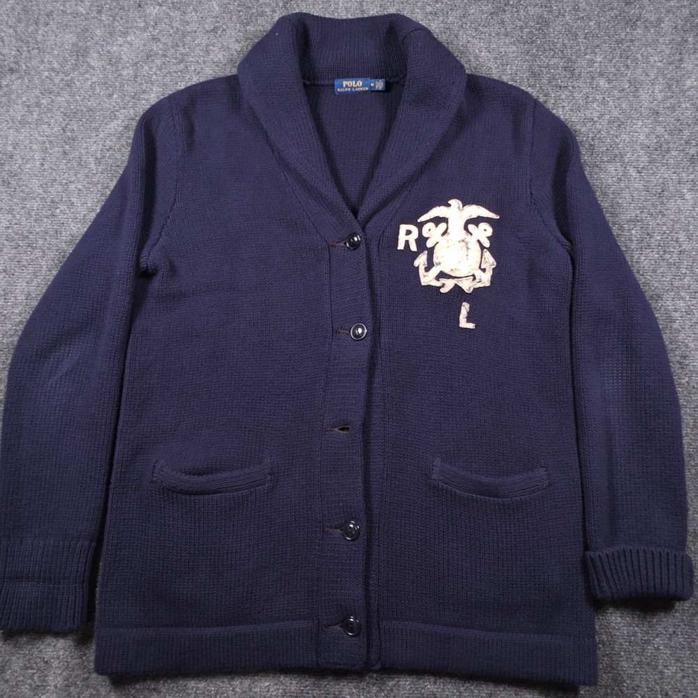 Polo Ralph Lauren Cardigan Sweater Mens M Navy Shawl Collar Nautical Crest READ
